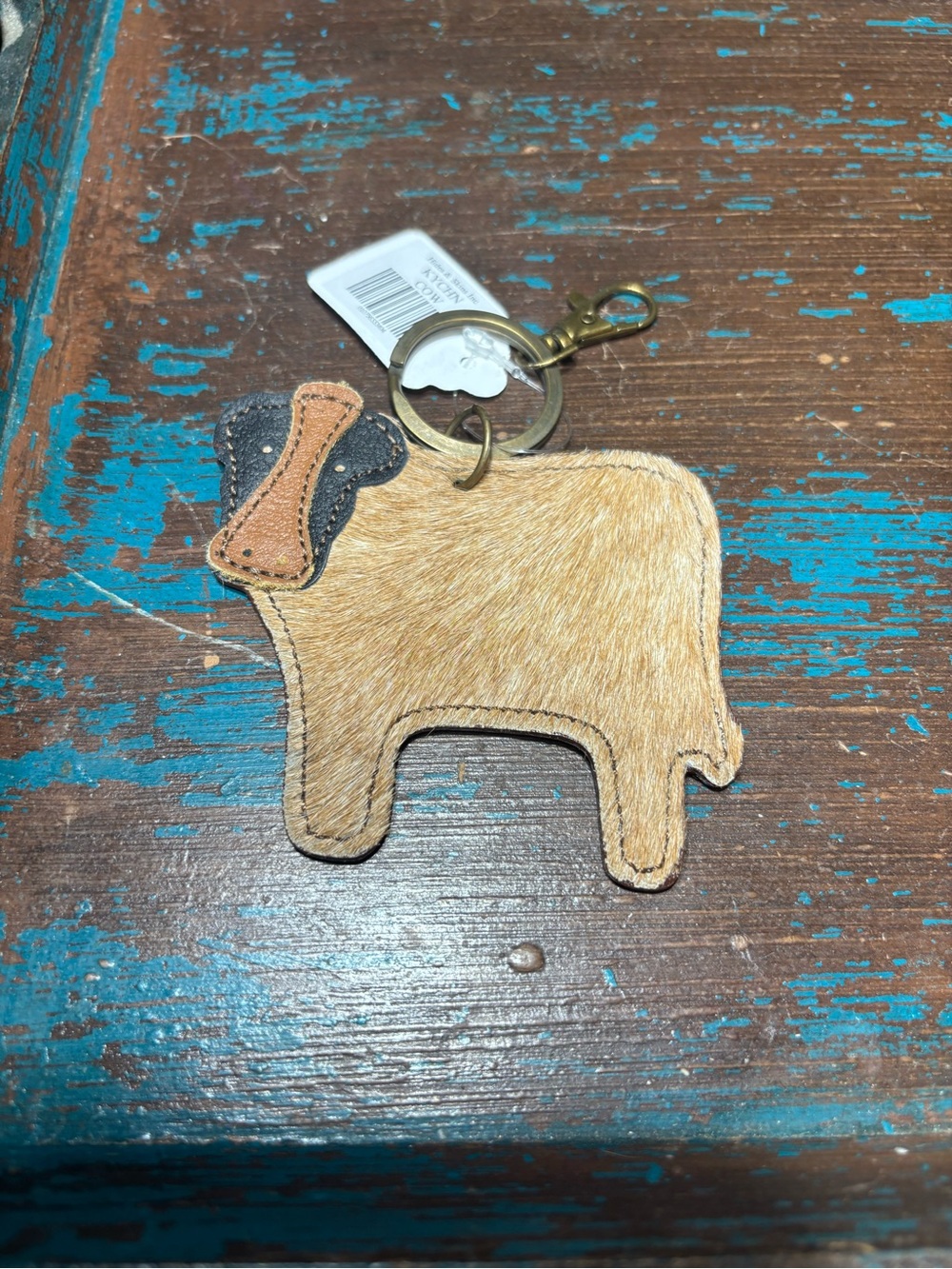New Leather Cow Hair Keychain Accessory in Tan and Black Bag Charm